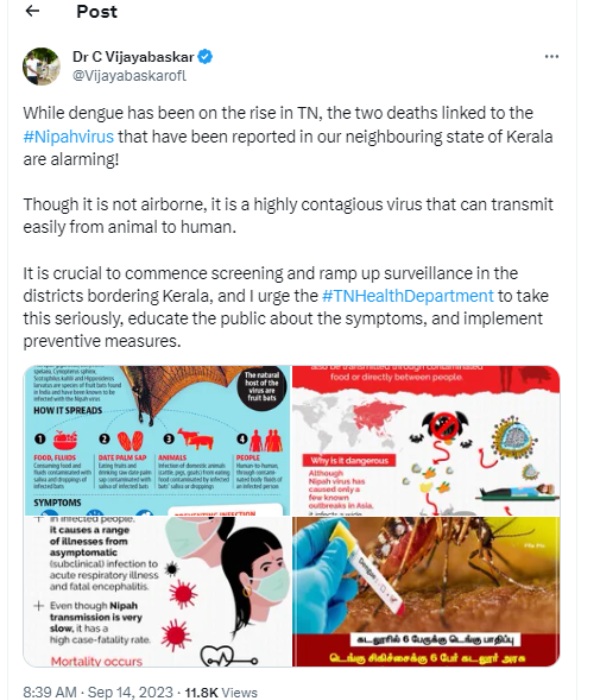 Former minister Vijayabaskar warns tn health department about Nipah virus Former minister Vijayabaskar warns tn health department about Nipah virus