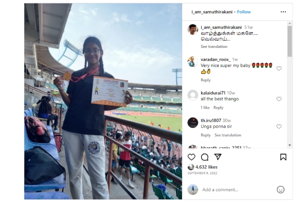 Samuthirakani has posted a post about her daughter on her social media pages