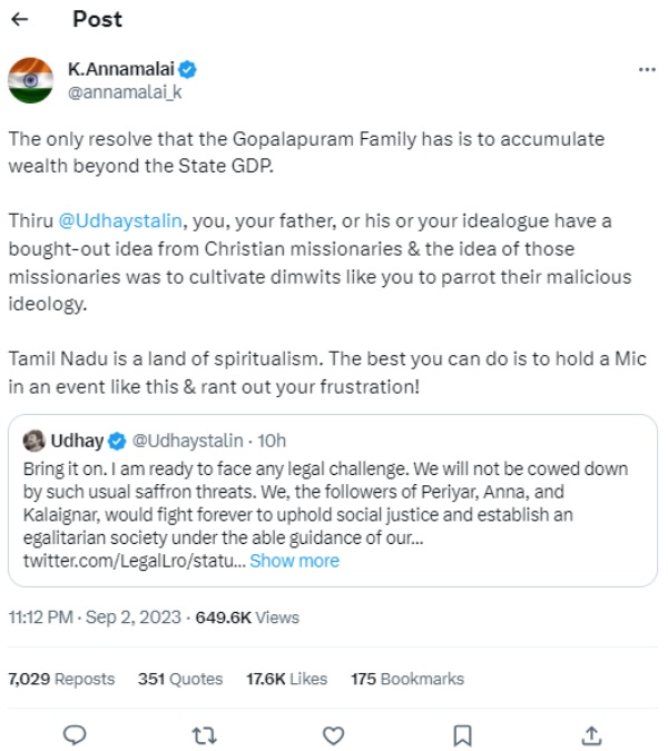 Annamalai condemns Udayanidhis speech at Sanatana Abolition Conference 