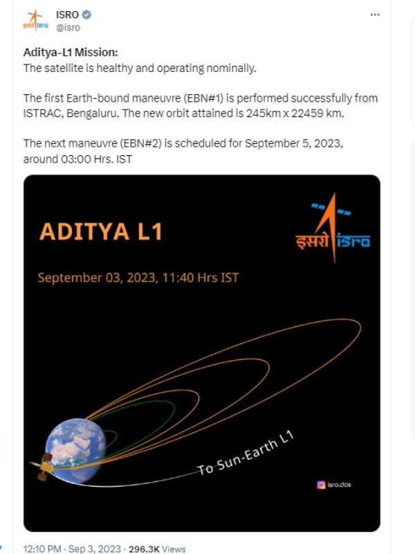 Aditya L1 Satellites first Earth bound maneuvre is performed successfully, says ISRO 