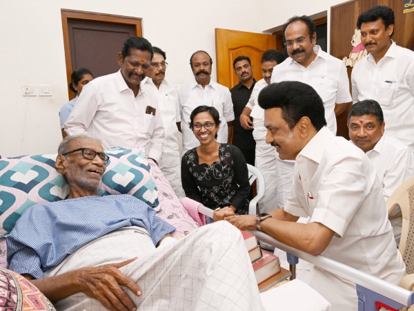 CM M.K. Stalin visited Tamil Desiya Iyakkam founder Pazha Nedumaran at his residence in Madurai CM M.K. Stalin visited Tamil Desiya Iyakkam founder Pazha Nedumaran at his residence in Madurai
