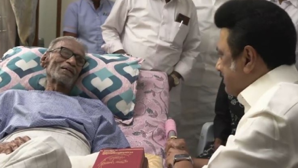CM M.K. Stalin visited Tamil Desiya Iyakkam founder Pazha Nedumaran at his residence in Madurai CM M.K. Stalin visited Tamil Desiya Iyakkam founder Pazha Nedumaran at his residence in Madurai