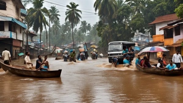 Heavy rains pouring in Thiruvananthapuram and people affected by flood 