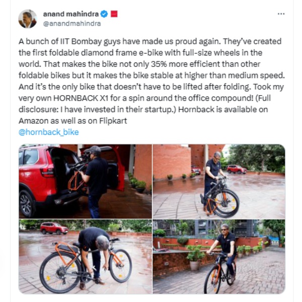  Anand Mahindra rides world first foldable diamond frame e-bike applauded IIT Bombay students