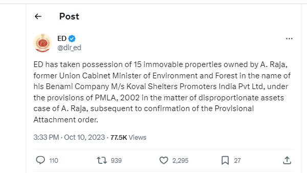 Disproportionate assets case: ED has taken possession of 15 immovable properties owned by DMK MP A. Raja 