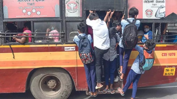 A government school student traveling in a government bus in Chennai was seriously injured after he fell 