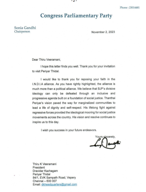 Congress leader Sonia gandhi writes a letter to K Veeramani