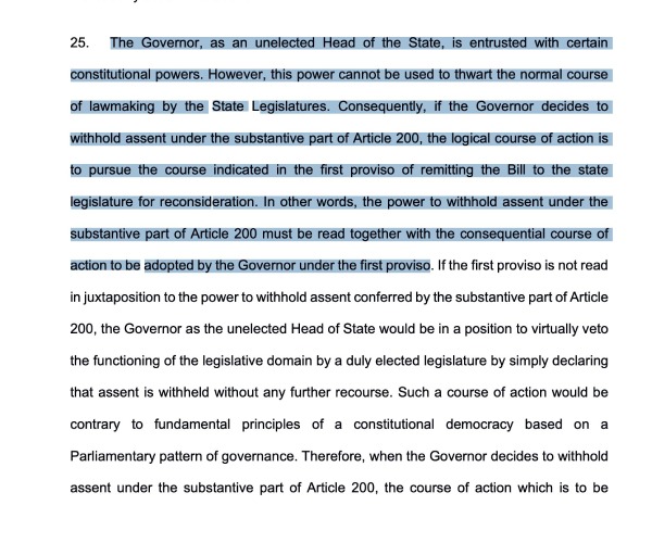 Governor if withholds assent to a Bill, has to return it to the legislature: supreme court judgement