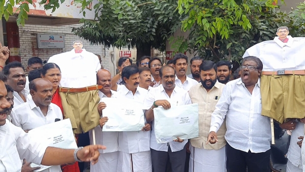 Pollachi DMK Executives sending a parcel of RSS uniforms to Governor Ravi 
