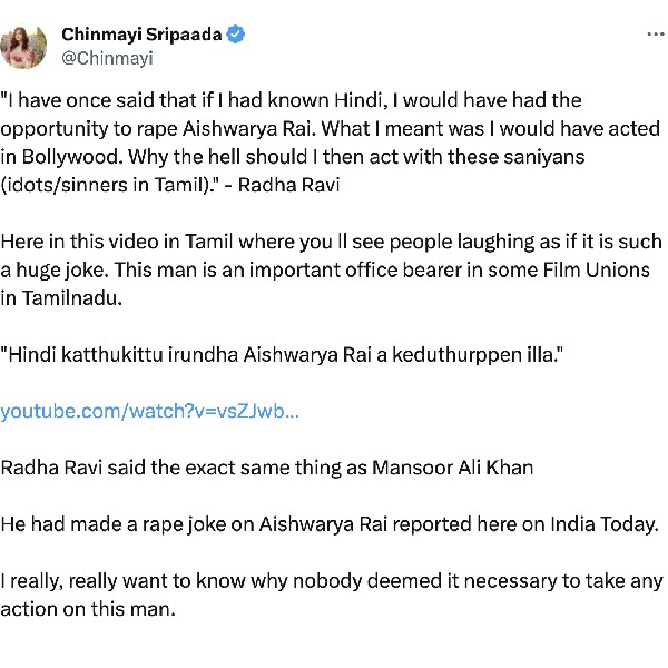 Chinmayi asks why no action about Radha Ravis comment on Iswarya rai? 