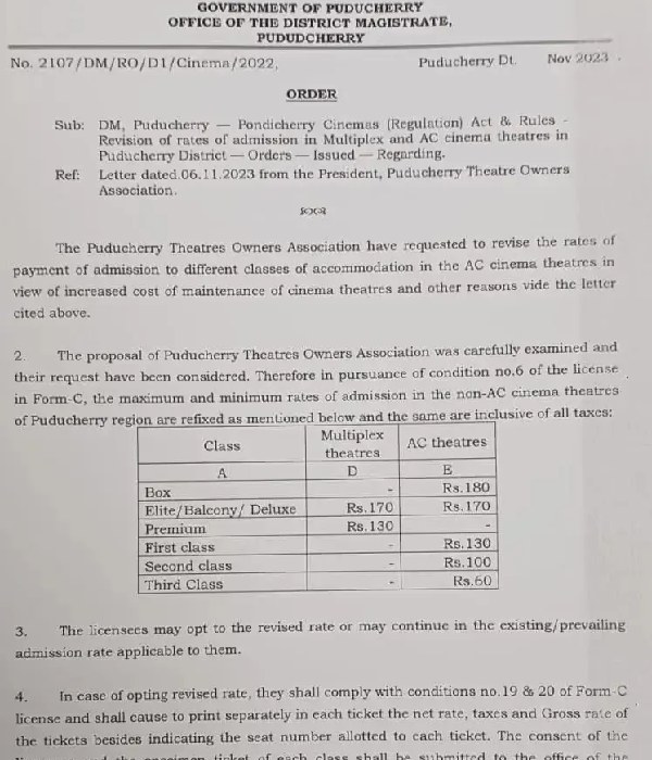 Cinema ticket price hike from today in theaters in Puducherry
