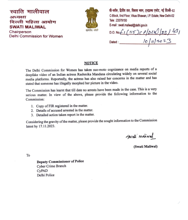 Delhi commission for Women issues notice to Delhi police about Rashmika Mandannas issue