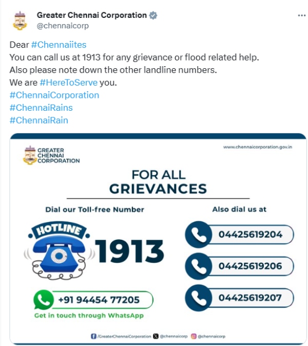 Chennai Heavy Rain and Chennai Corporation announced another Helpline Numbers related rain complaints