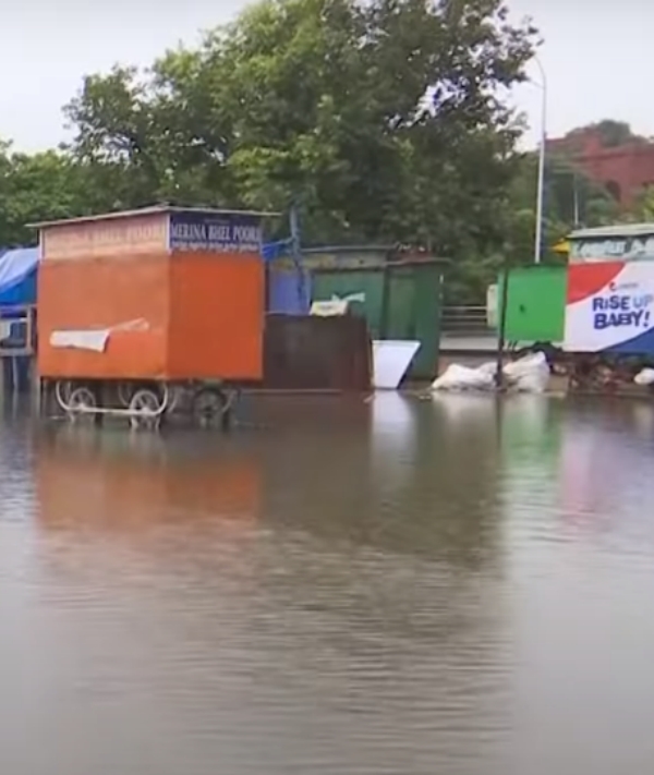 Due to last nights rain in Chennai, the beach at the Chennai Marina has disappeared 