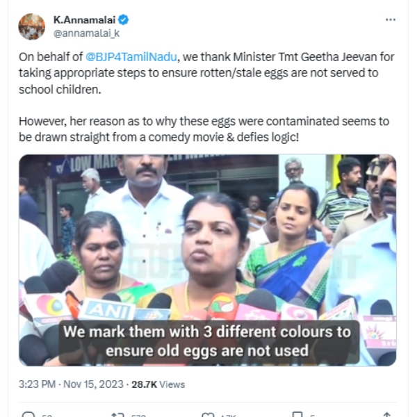 BJP K. Annamalai twitter post about Rotten eggs Minister Geetha Jeevan press meet 