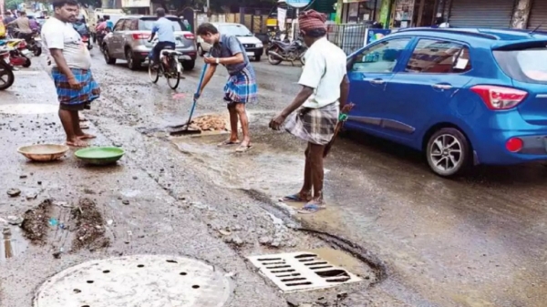Amid continuous rains in Chennai, the work of repairing the damaged roads is in full swing 