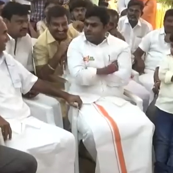 BJP Annamalai meets DMK minister Saminathan in a marriage function in Tiruppur 