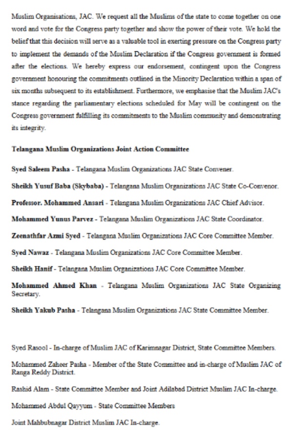 Telangana Muslim JAC declares support to Congress in assembly election