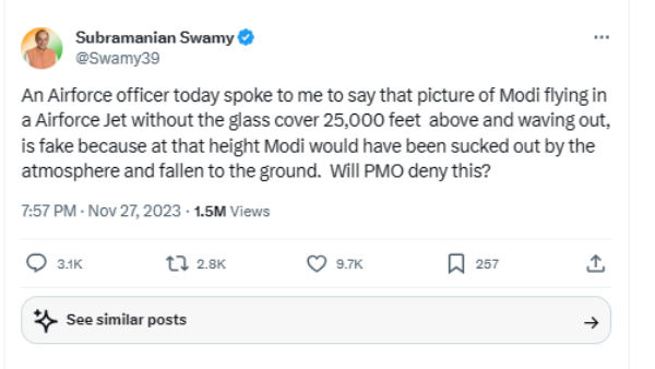  Picture of PM Modi Flying Tejas Is Fake: Subramanian Swamy Quotes Air Force Officer