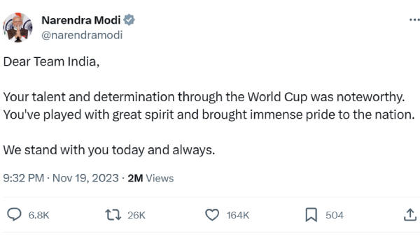  PM Modi message to team india and congratulates australia for won world cup 