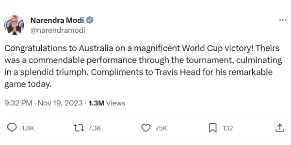  PM Modi message to team india and congratulates australia for won world cup 