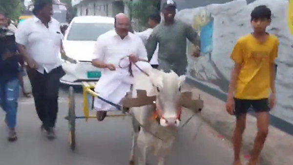 AIADMK Former minister D Jayakumar who drove a bullock cart in Chennai 