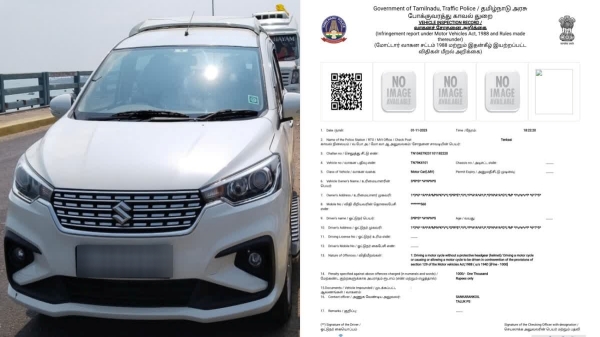 1000 rupees fine for not wearing a helmet in a car in Tenkasi 