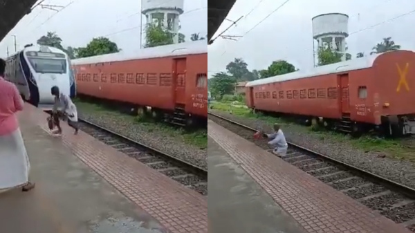  old man narrowly escape being hit by a Vande Bharat train while trying to cross the tracks in Kerala