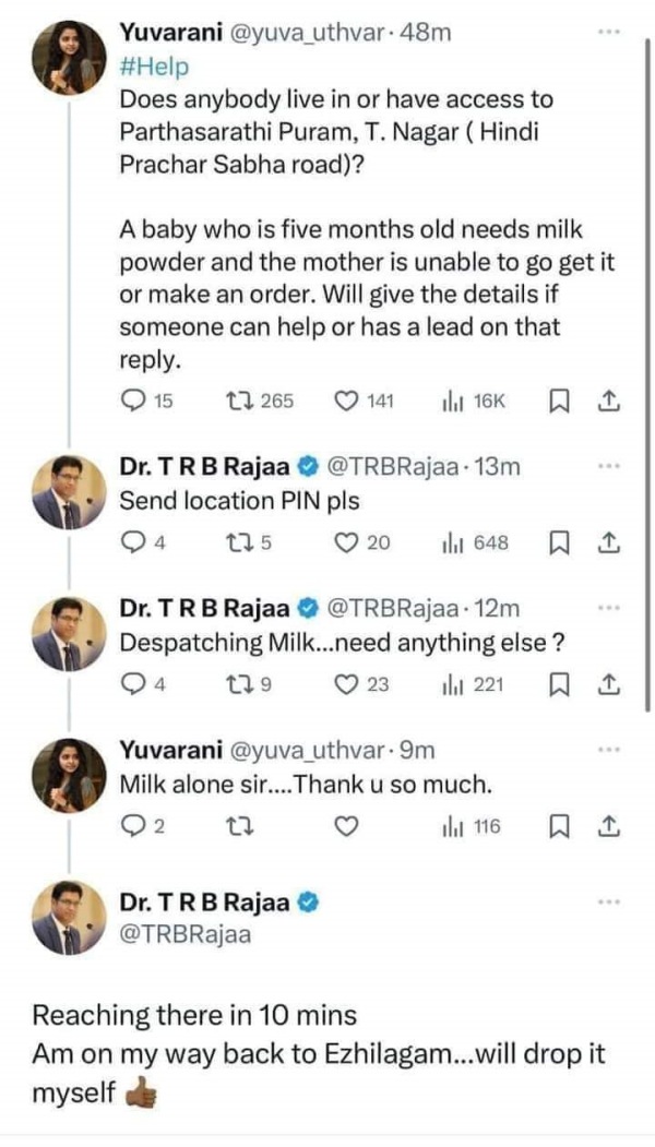 Minister TRB Rajaa despatched milk to the family who are with 5 months old child after got request via X Minister TRB Rajaa despatched milk to the family who are with 5 months old child after got request via X