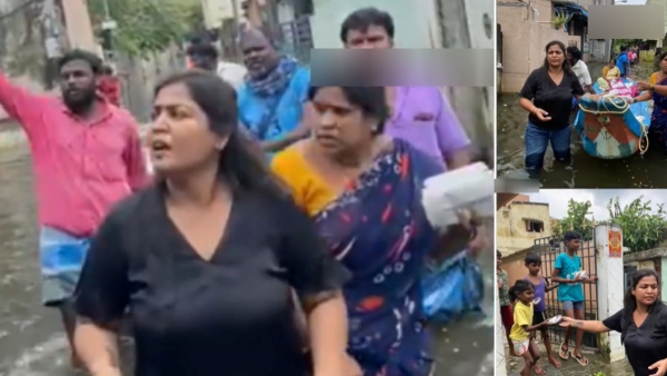 Actress Ranjana Nachiyar gives food for those who were affected by Cyclone Michaung 
