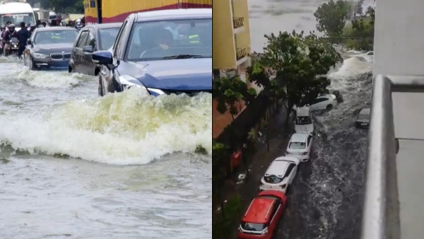 Video of a flood taking away big cars due to flood in Famous Pallikaranai apartment amid cyclone Michaung 