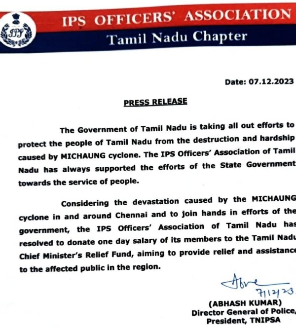 IPS officers gives 1 day salary for cyclone hit chennai flood relief works