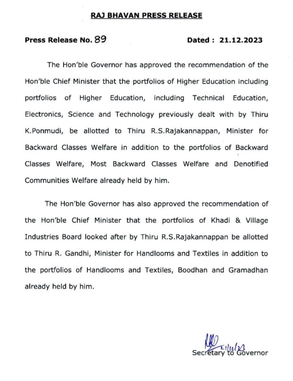 Governor approves the recommendation of cm stalin that additional portfolios alloted to 2 ministers