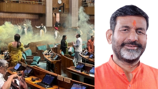 BJP MP RK Singh Patel catches one of the Lok Sabha intruders and brought him down by his neck 