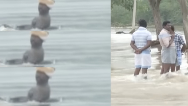 Fishnerman crosses flood water by using rubber tube 