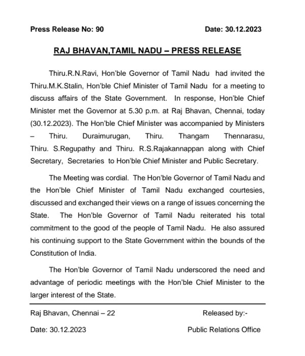 Raj bhavan explains after Governor rn ravi meeting with tn chief minister stalin