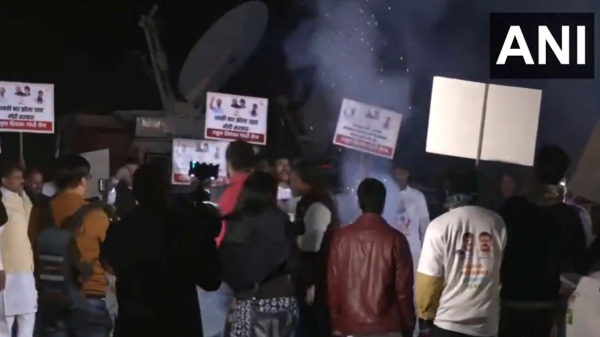 Ahead of results of the 4 state elections, the volunteers burst firecrackers at the AICC headquarters Ahead of results of the 4 state elections, the volunteers burst firecrackers at the AICC headquarters