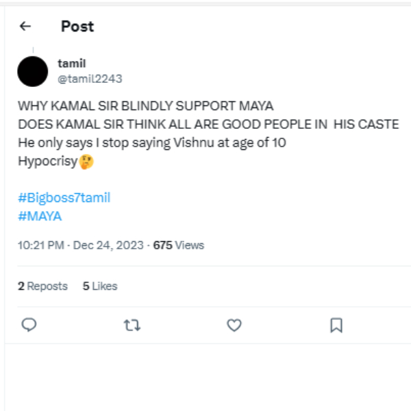  In Bigg Boss show, Does host MNM Kamal Haasan support Maya based on Caste?