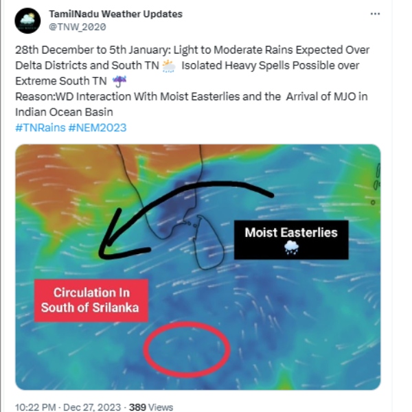 Tamil Nadu Weatherman forecast that there is a chance of rain in Tamil Nadu till January 5 Tamil Nadu Weatherman forecast that there is a chance of rain in Tamil Nadu till January 5