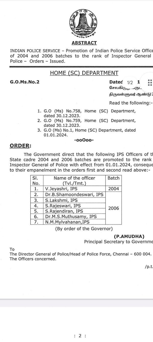 19 IPS officers got promotion: Tn government order 19 IPS officers got promotion: Tn government order