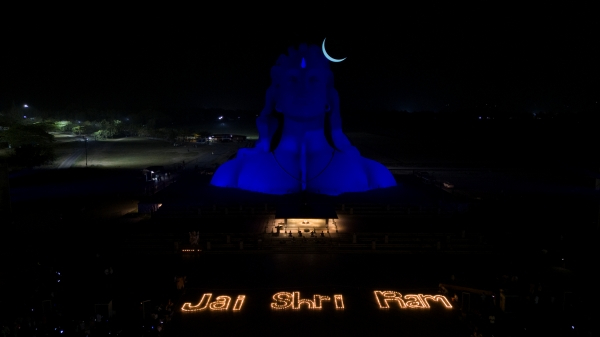Rama nama before Adiyogi Jai Shri Ram lit by thousands of Akal lamps at Isha 