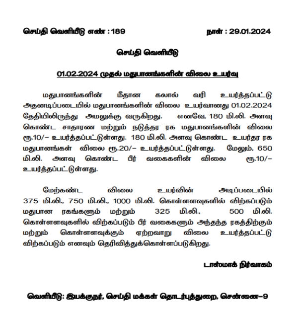 Tasmac liquor price hike from february 1: Official announcement