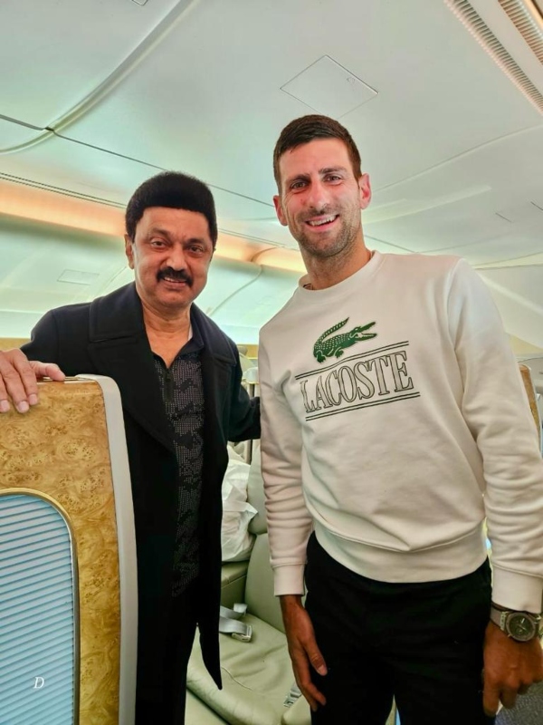 TN Chief Minister CK Stalin meets Tennis player Djokovic during his Spain visit TN Chief Minister CK Stalin meets Tennis player Djokovic during his Spain visit