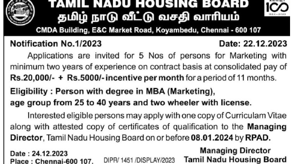 Tamil Nadu Housing Board Recruitment for Marketing staff in Chennai Tamil Nadu Housing Board Recruitment for Marketing staff in Chennai
