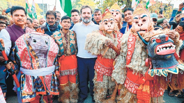  Congress Leader Rahul Gandhi turns Hanuman poses with Bajrang Balimask and mace in Yatra