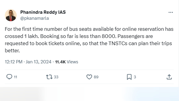For the first time number of bus seats available for online reservation has crossed 1 lakh in TNSTC 