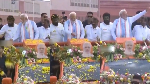 Mobile phone thrown at PM Narendra Modi vechile during Tirupur rally 