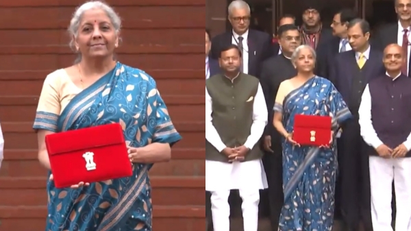 Nirmala Sitharamans saree worn on cream and blue colour for interim Budget day 2024 