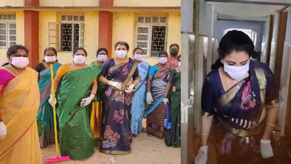 What happened to AIADMK womens team leaders who cleaned Ranipet Government Womens Arts College? 