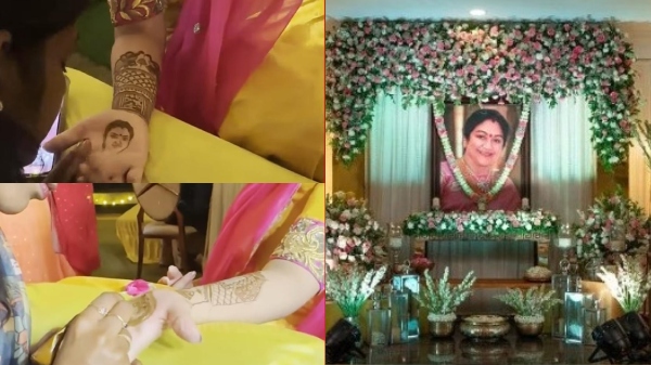 Actor Vijayakumars granddaughter Diyas wedding painted Manjulas photo on Prithas hand 